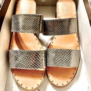 NIB Pewter Franco Sarto snakeskin Kiki block heel sandals